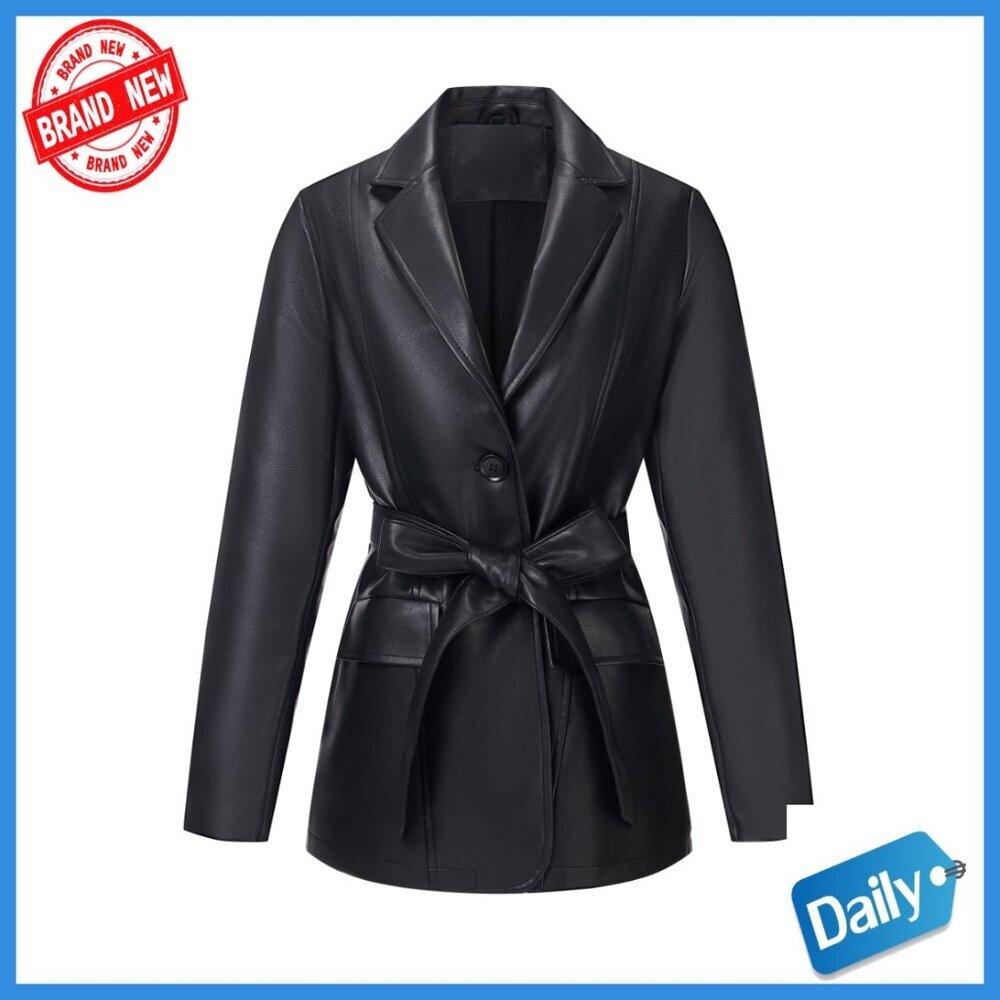Faux Leather Blazer Jacket with Removable Belt, Long Sleeve, Regular Fit